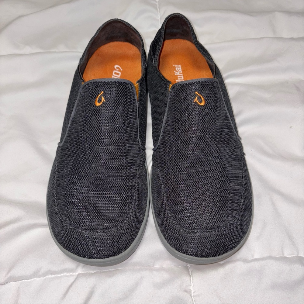 OluKai Black Mesh Slip-On Loafers with Orange Accents
